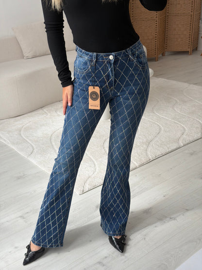 Sparkly diamond pattern straight leg denim jeans