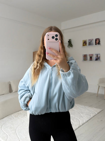 Bubble hem zip up cropped hoodies
