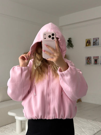 Bubble hem zip up cropped hoodies