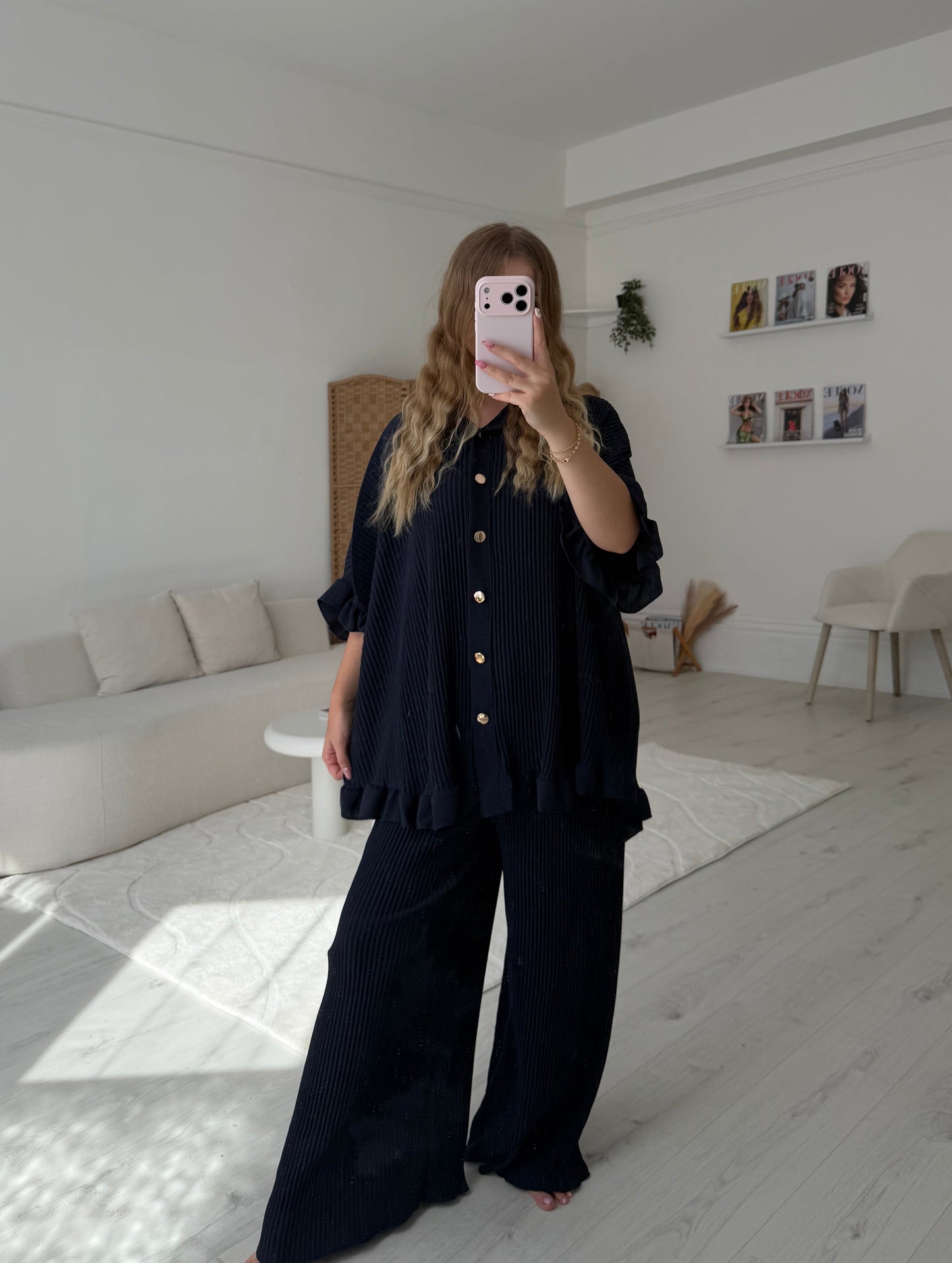 Button up pleated top and trouser set