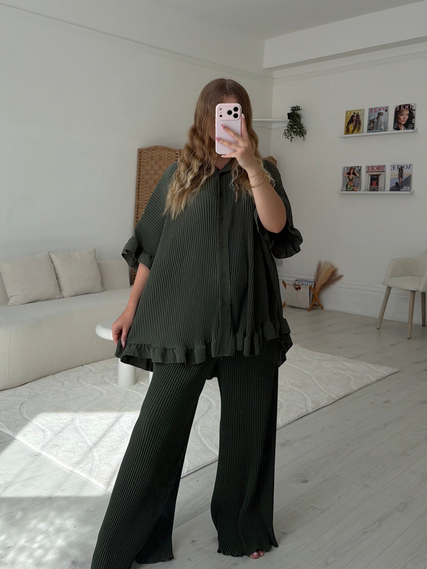 Button up pleated top and trouser set