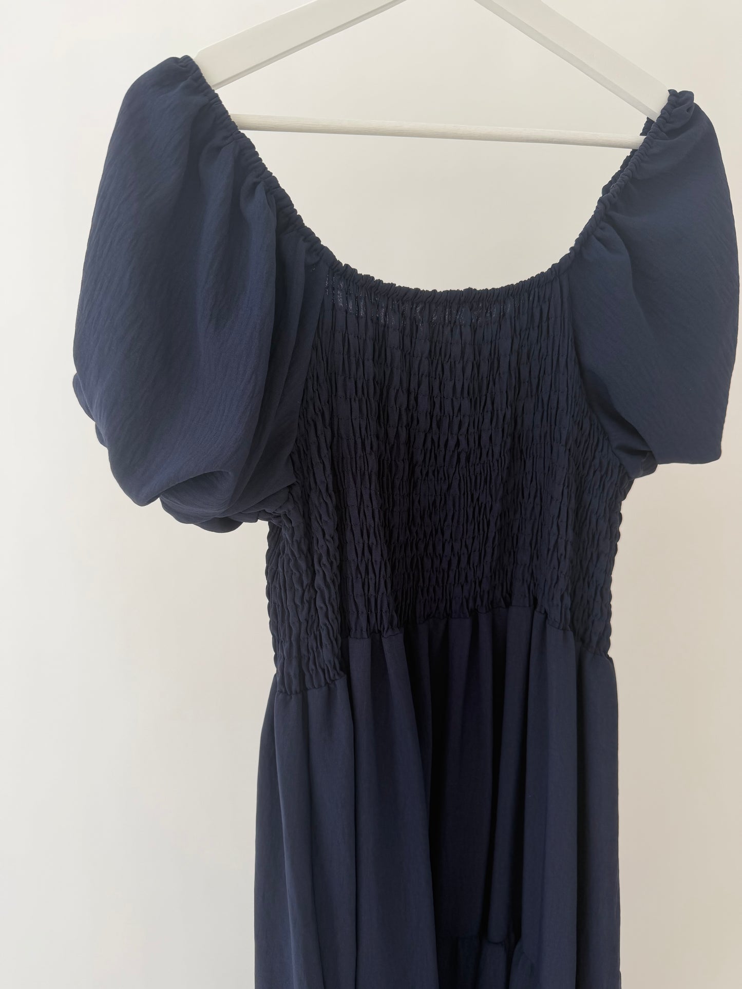 Off the shoulder shirred maxi dress