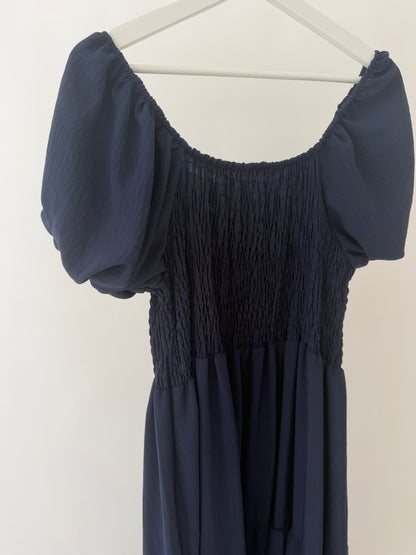 Off the shoulder shirred maxi dress