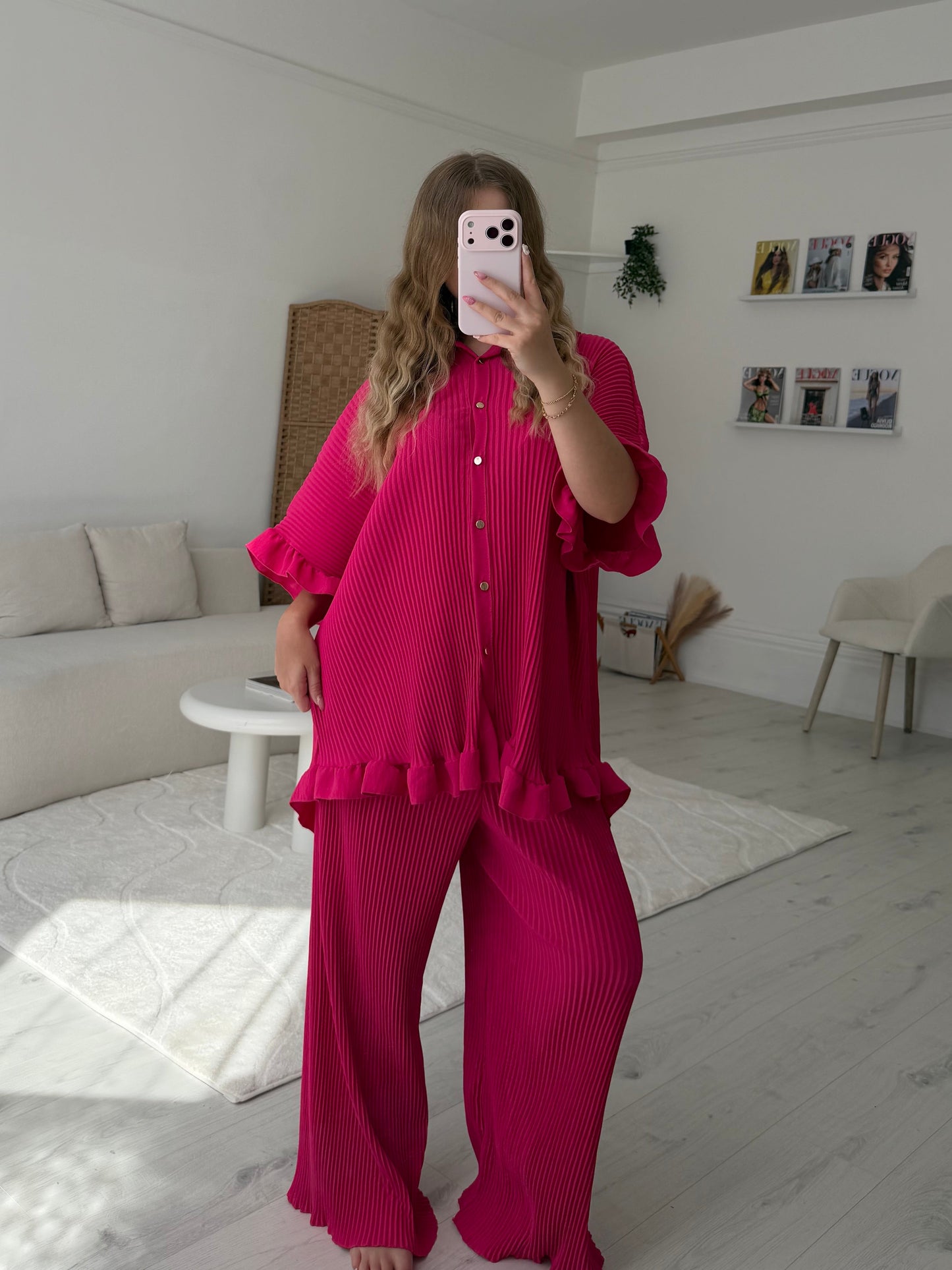 Button up pleated top and trouser set