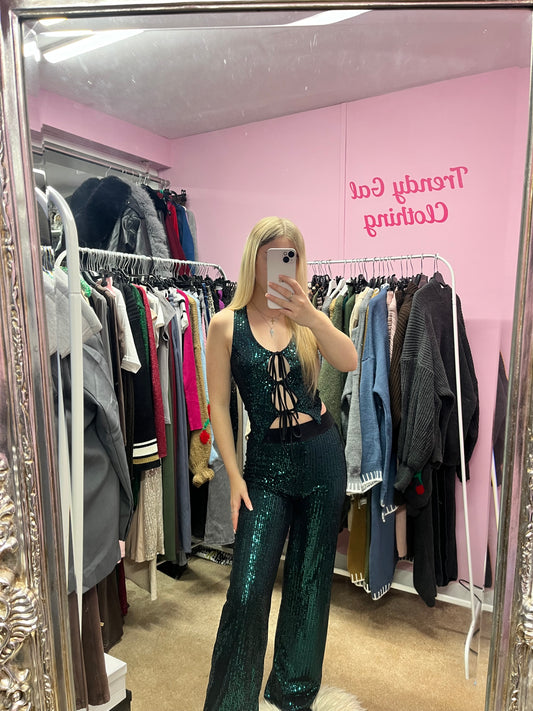 Sparkly tie up waistcoat and trouser set