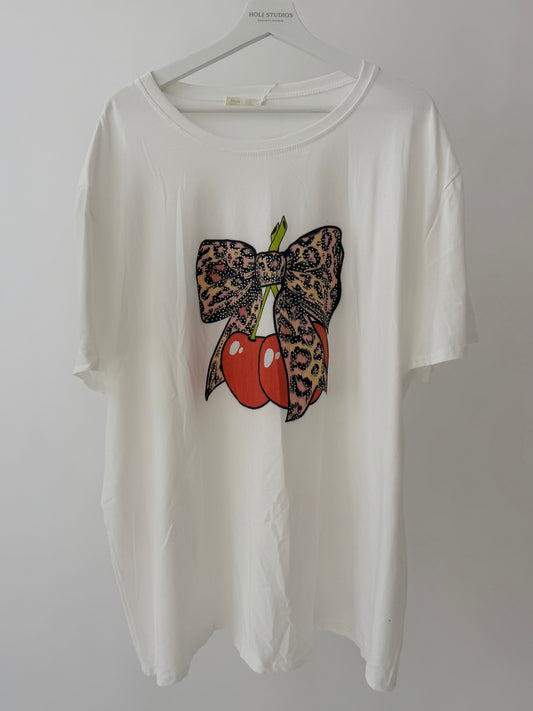 Leopard bow and cherry graphic tee