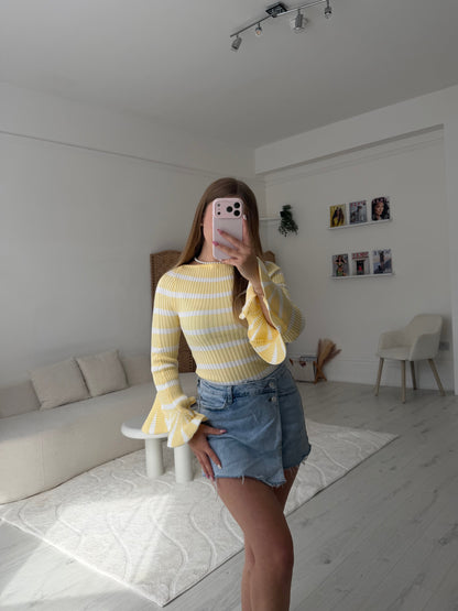 Stripey ribbed full length top with ruffle cuff