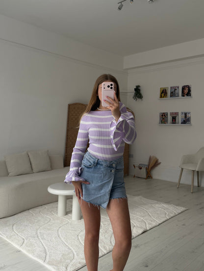 Stripey ribbed full length top with ruffle cuff