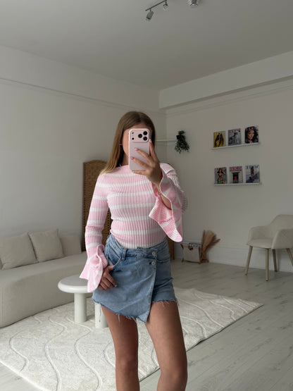 Stripey ribbed full length top with ruffle cuff