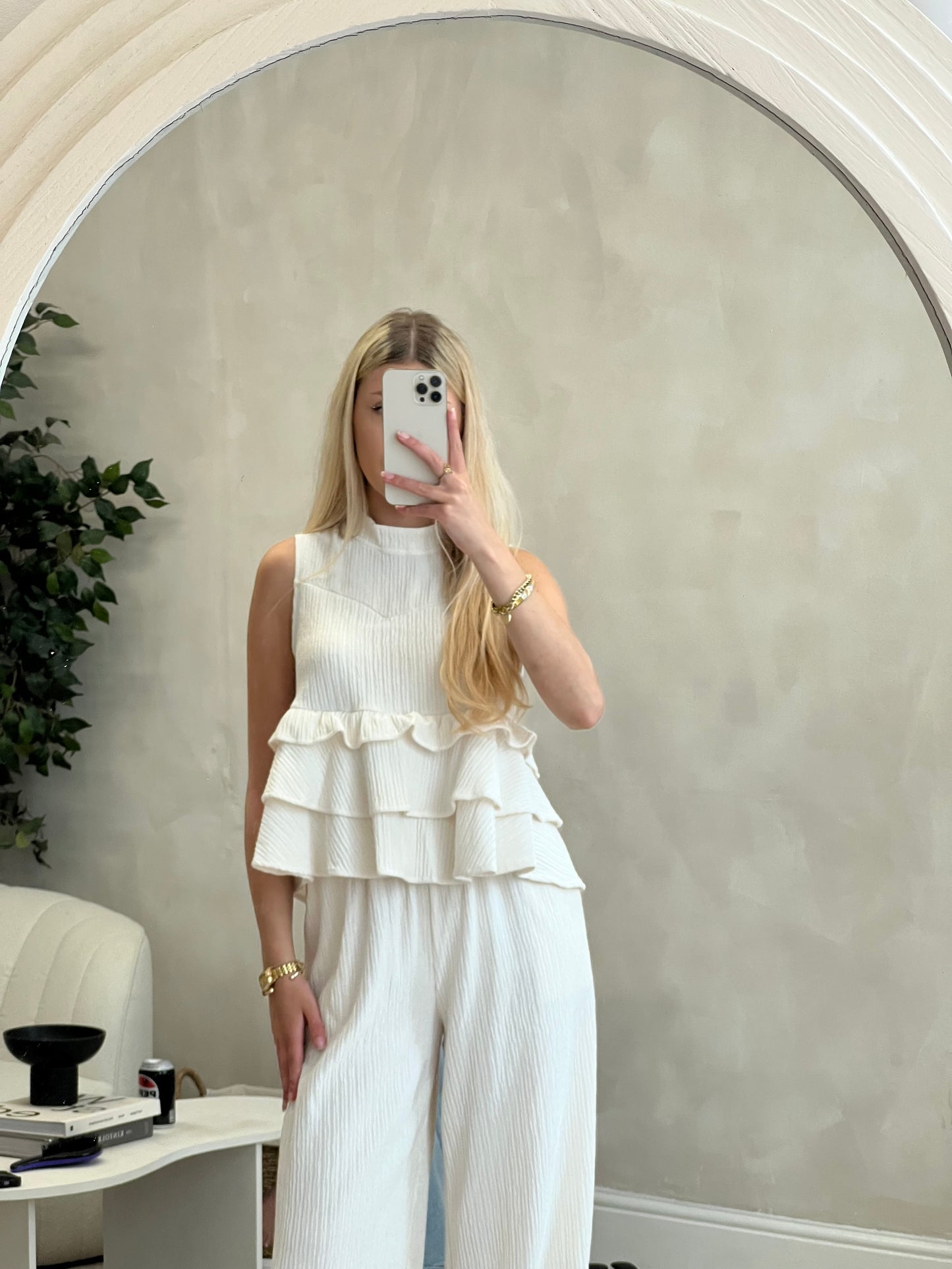 Frill layered vest top and wide leg trouser set