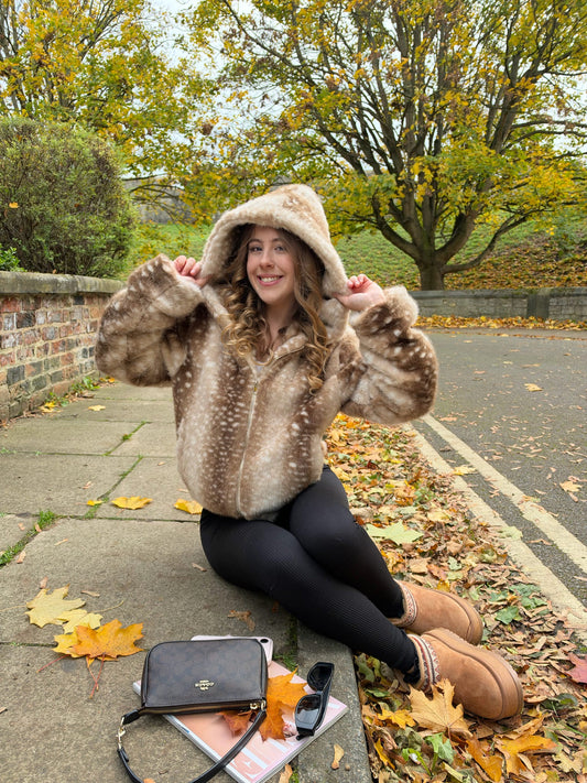Bambi print faux fur hooded zip up jacket