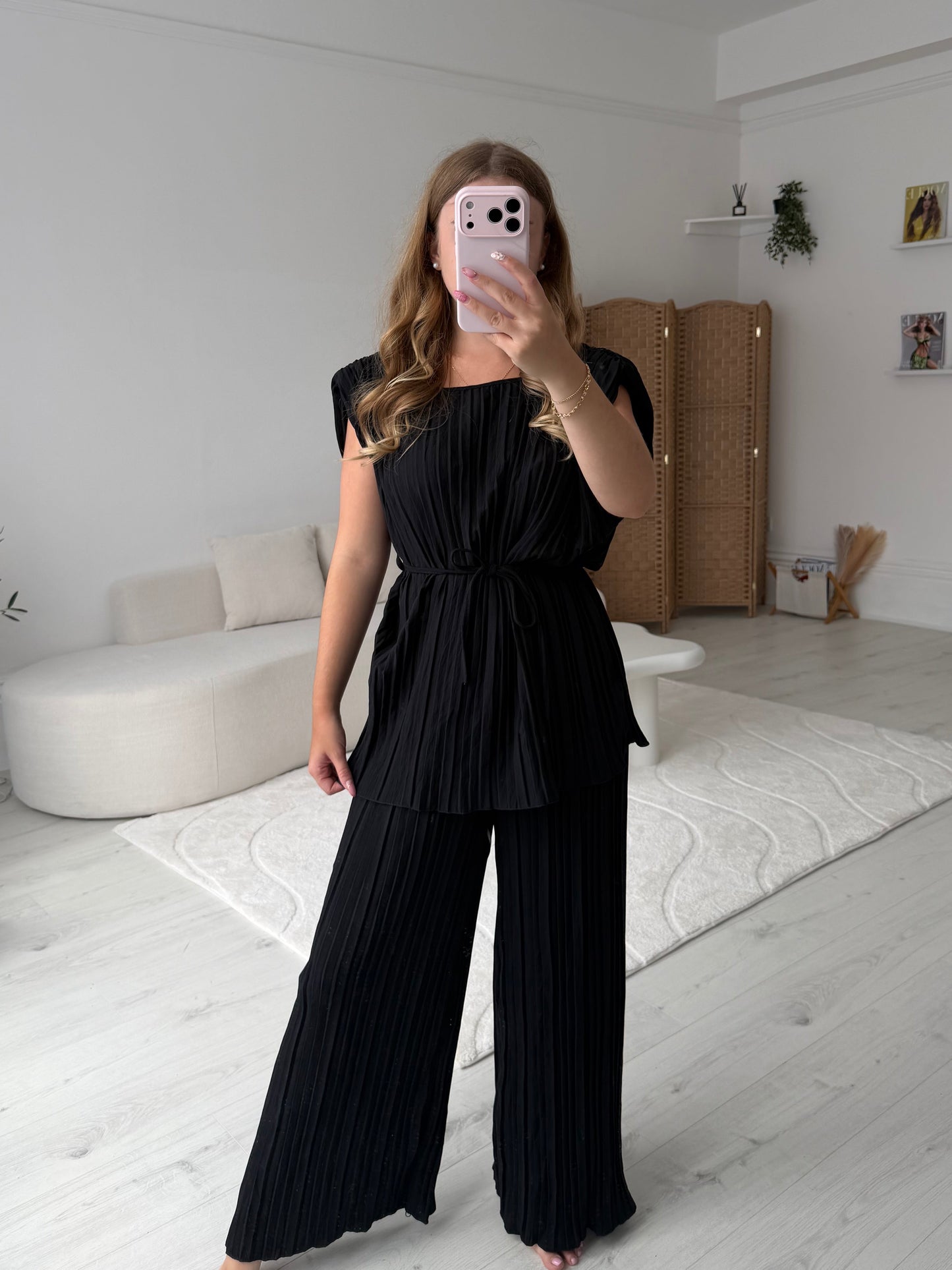 Pleated shoulder pad top and trouser set