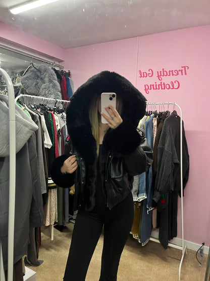 Faux leather hooded fur lined bomber jacket