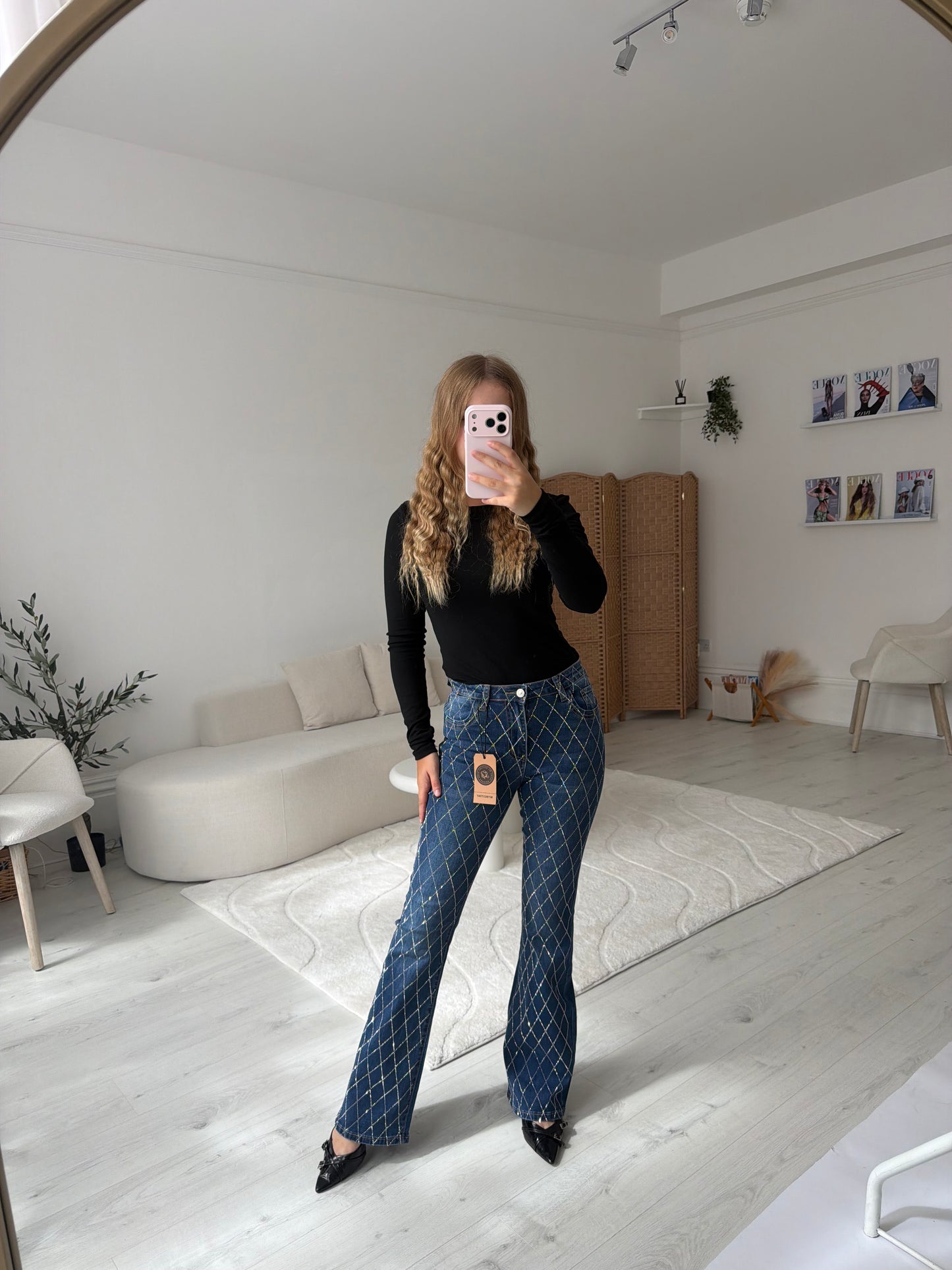 Sparkly diamond pattern straight leg denim jeans