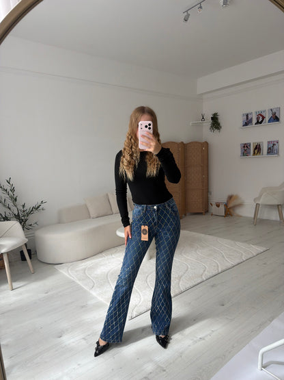 Sparkly diamond pattern straight leg denim jeans
