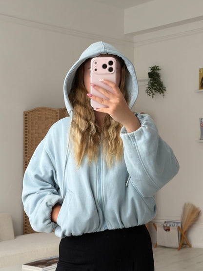 Bubble hem zip up cropped hoodies