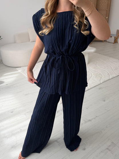 Pleated shoulder pad top and trouser set