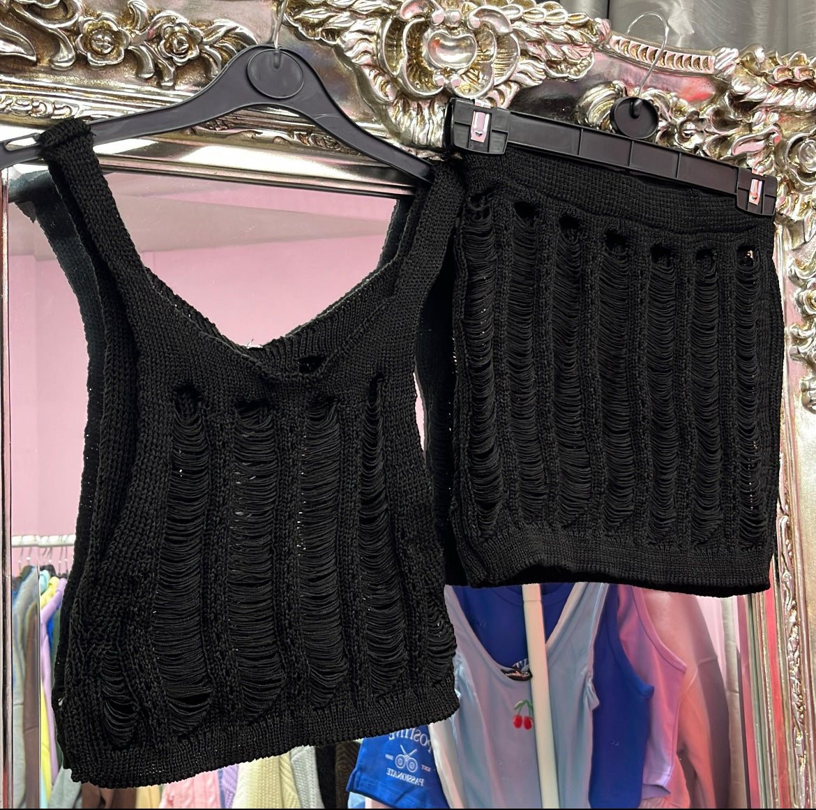 Two piece distressed skirt and top cover up set
