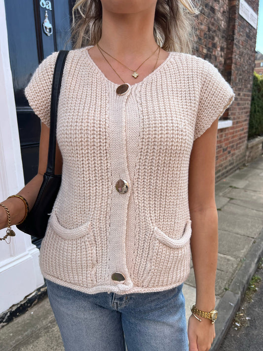 Soft knitted coloured waistcoats with pockets gold button detailing