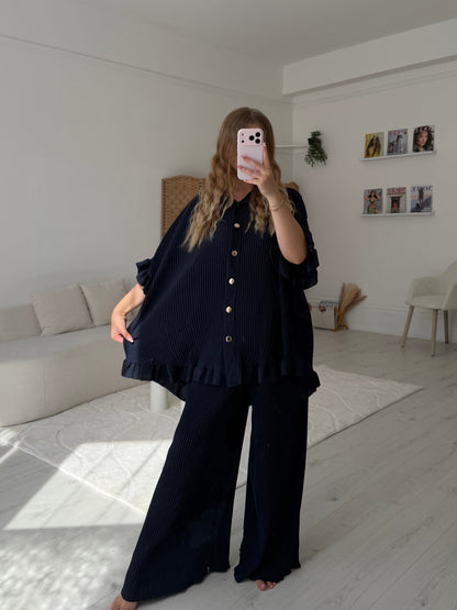 Button up pleated top and trouser set