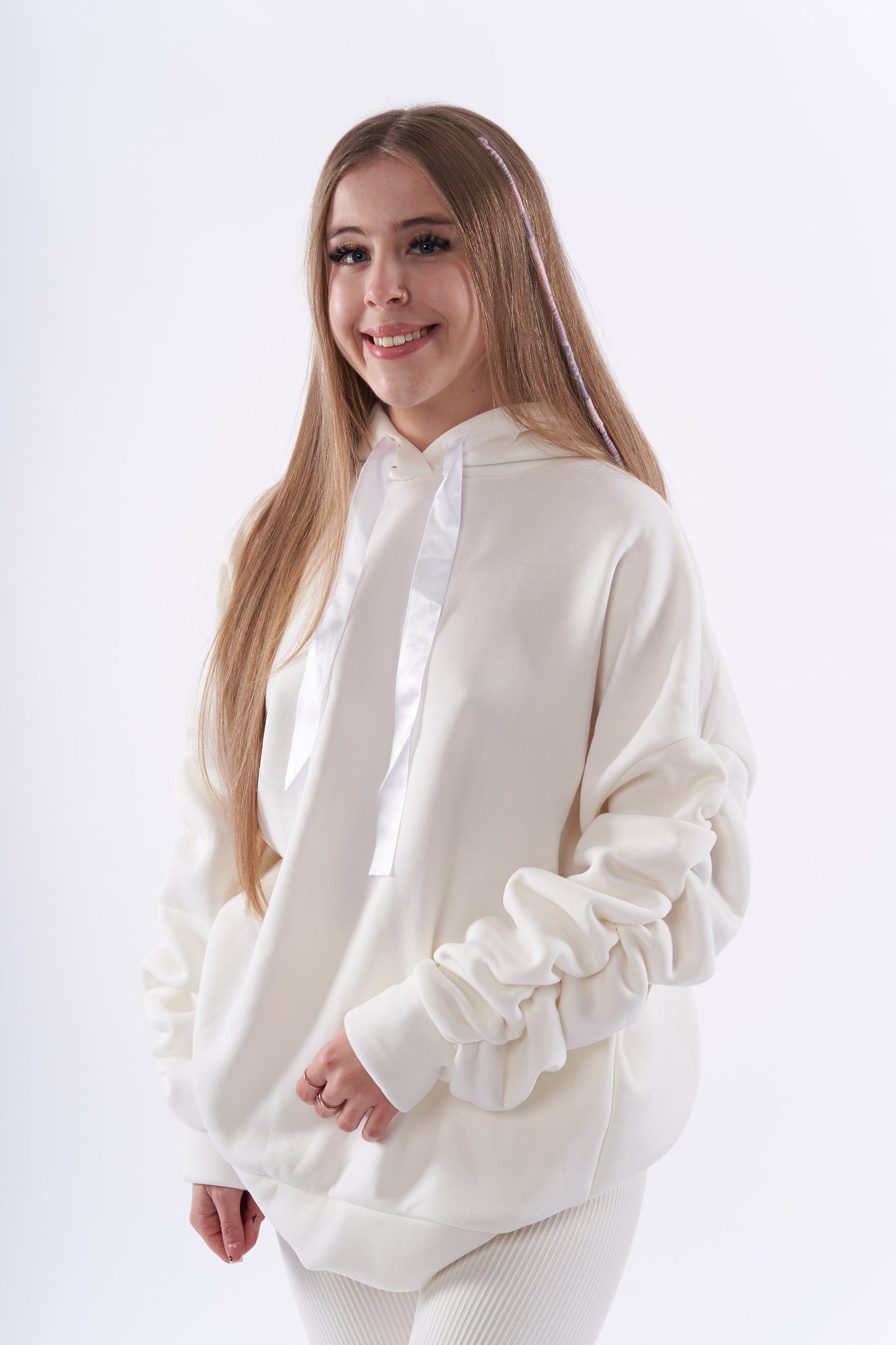 Ruby ruched ribbon drawstring hoodies