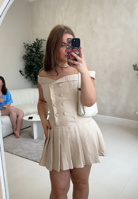 Off the shoulder mini pleated dress