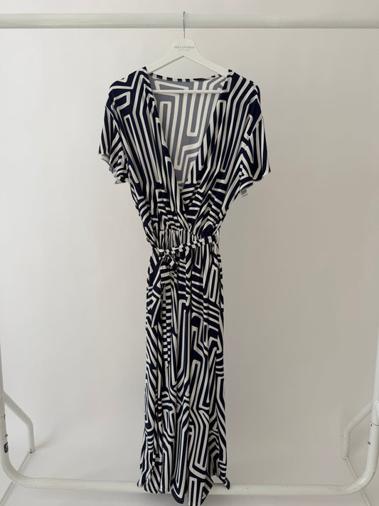Navy and white geometric print wrap style maxi dress