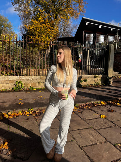 Striped long sleeve crop top and trouser loungewear set