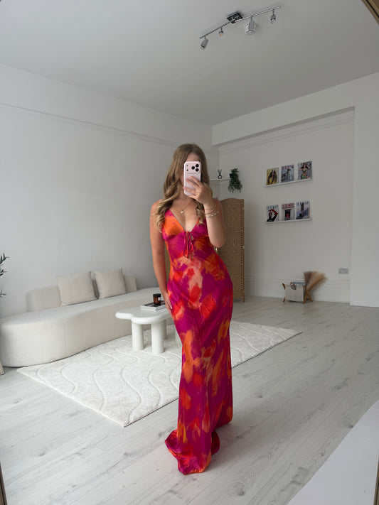 Watercolour satin cut out back maxi dress