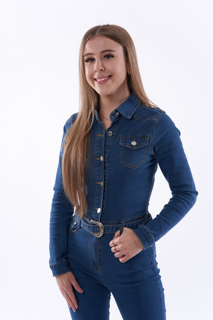 Button up denim cowgirl jumpsuit