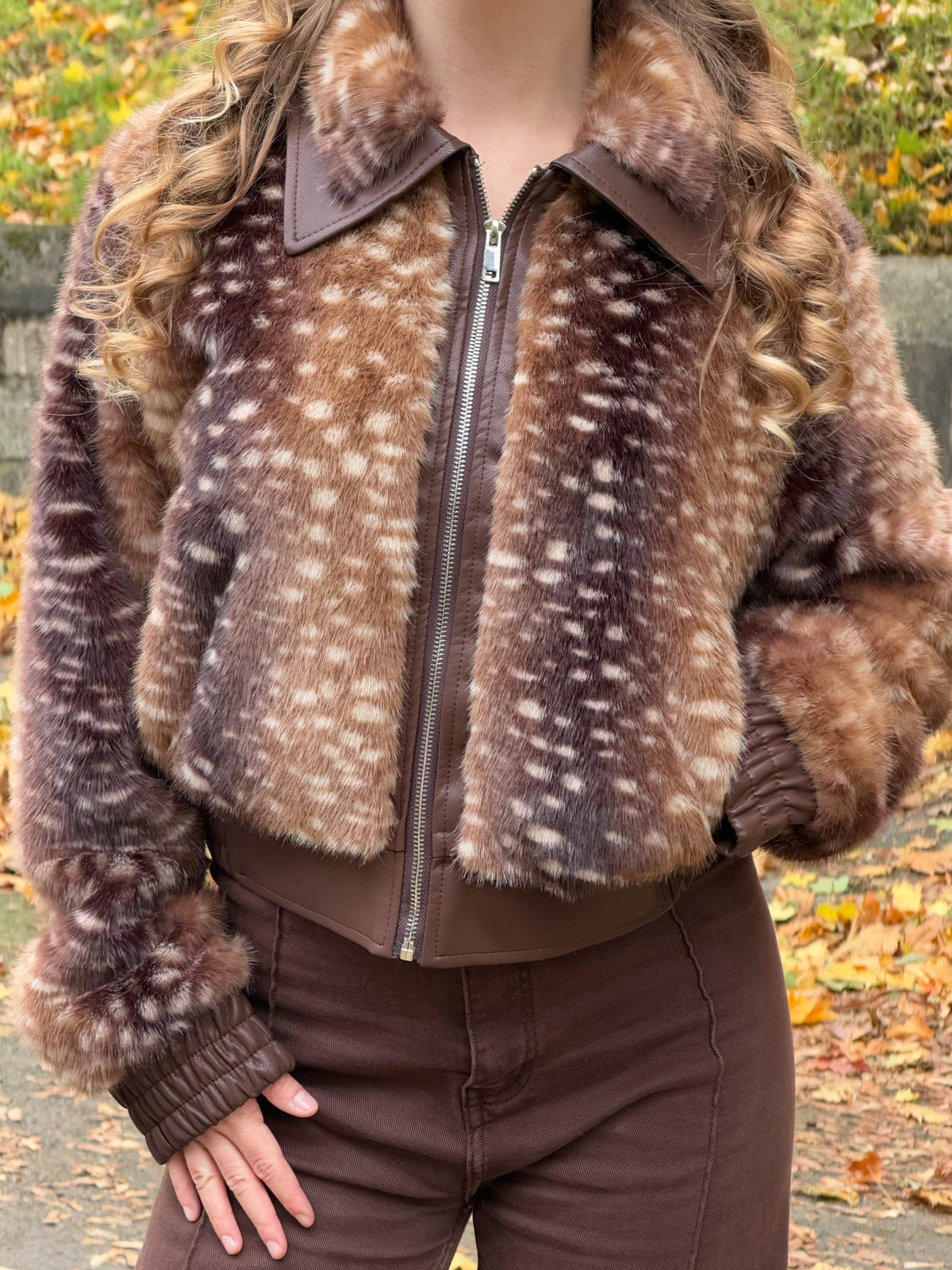 Bambi print faux fur & faux leather bomber jacket