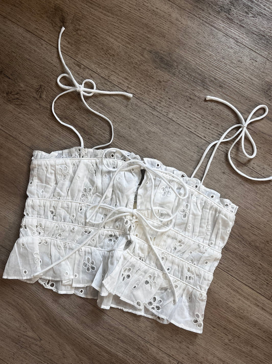 Broderie anglaise shoulder tie crop top