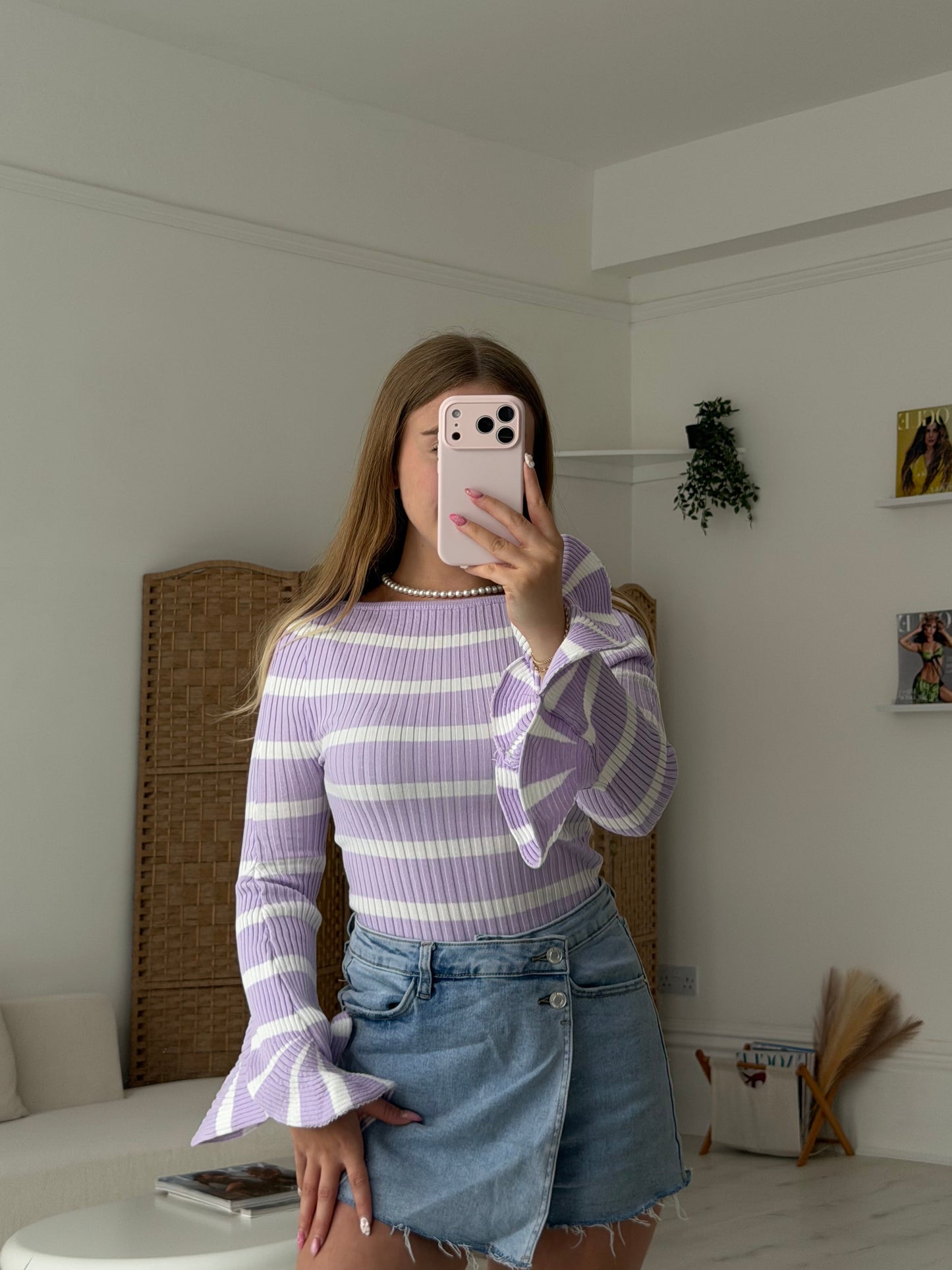 Stripey ribbed full length top with ruffle cuff