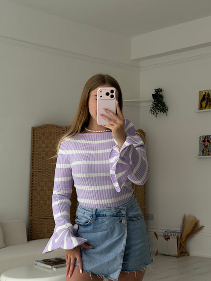 Stripey ribbed full length top with ruffle cuff