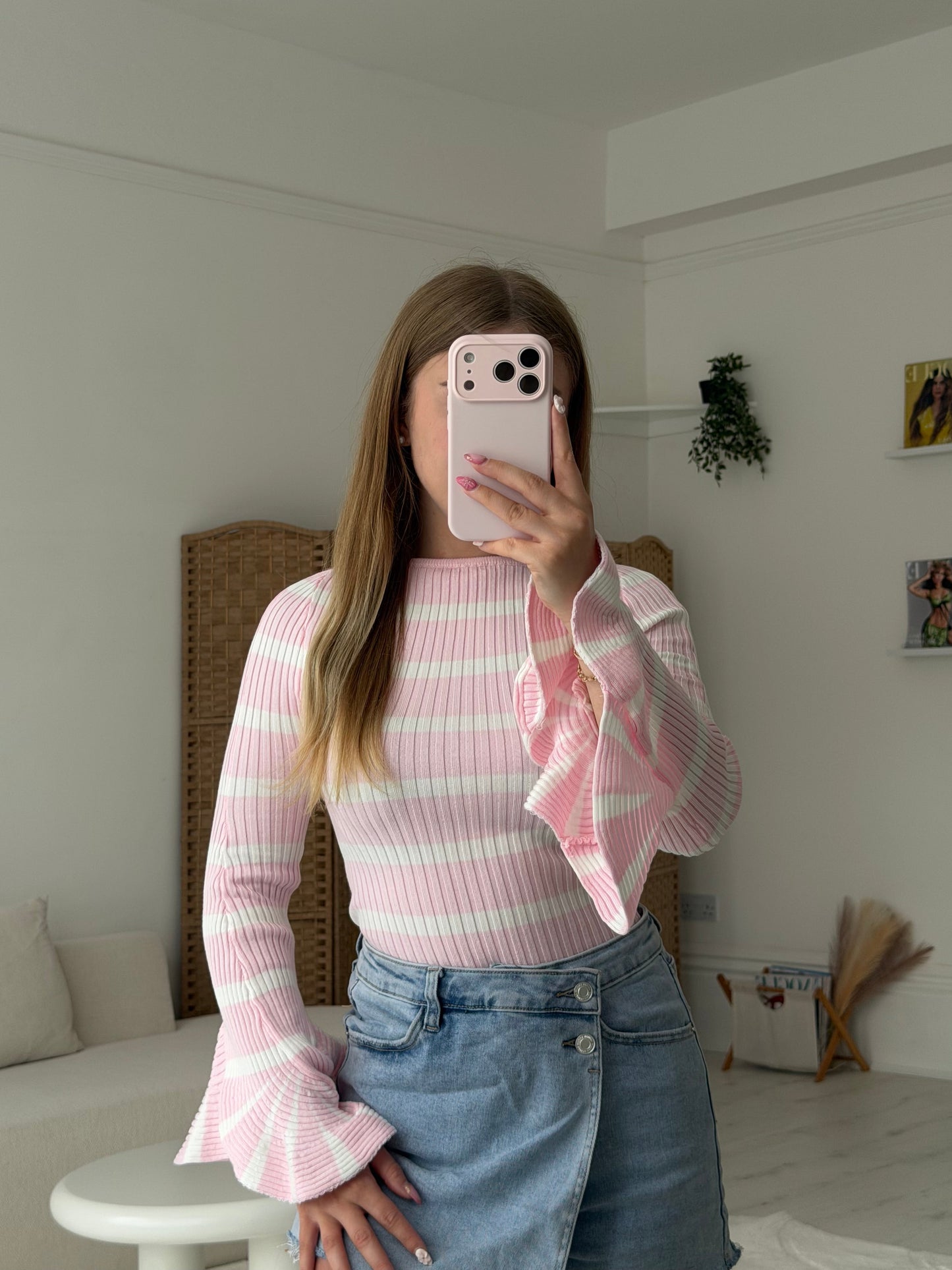 Stripey ribbed full length top with ruffle cuff