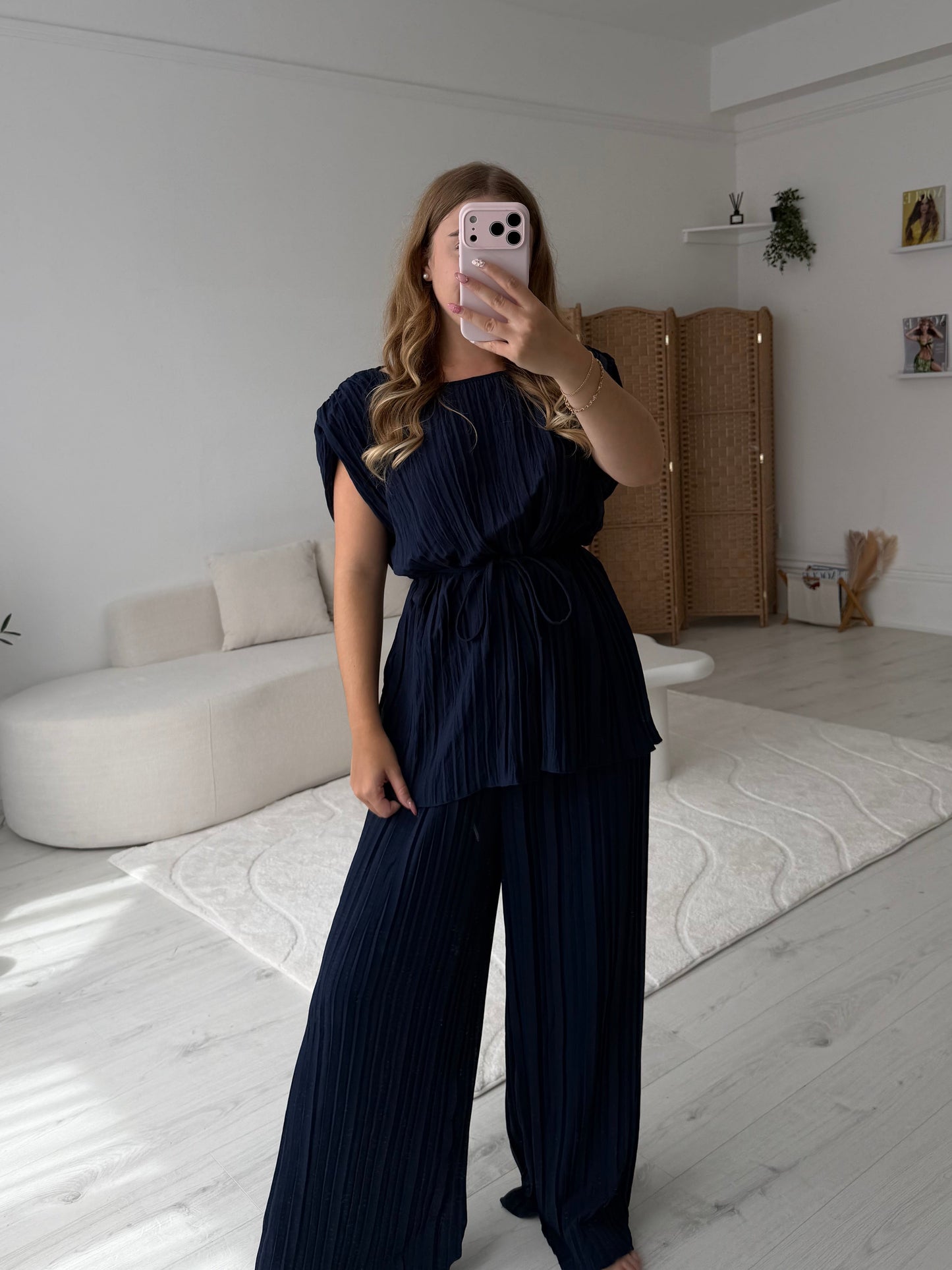 Pleated shoulder pad top and trouser set