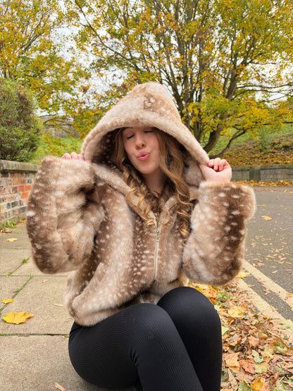 Bambi print faux fur hooded zip up jacket
