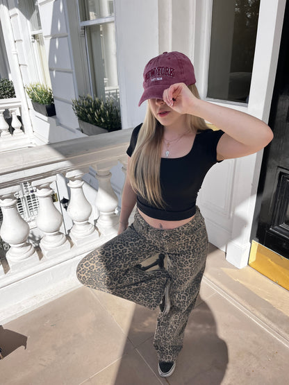 Leopard print mid rise dad fit jeans