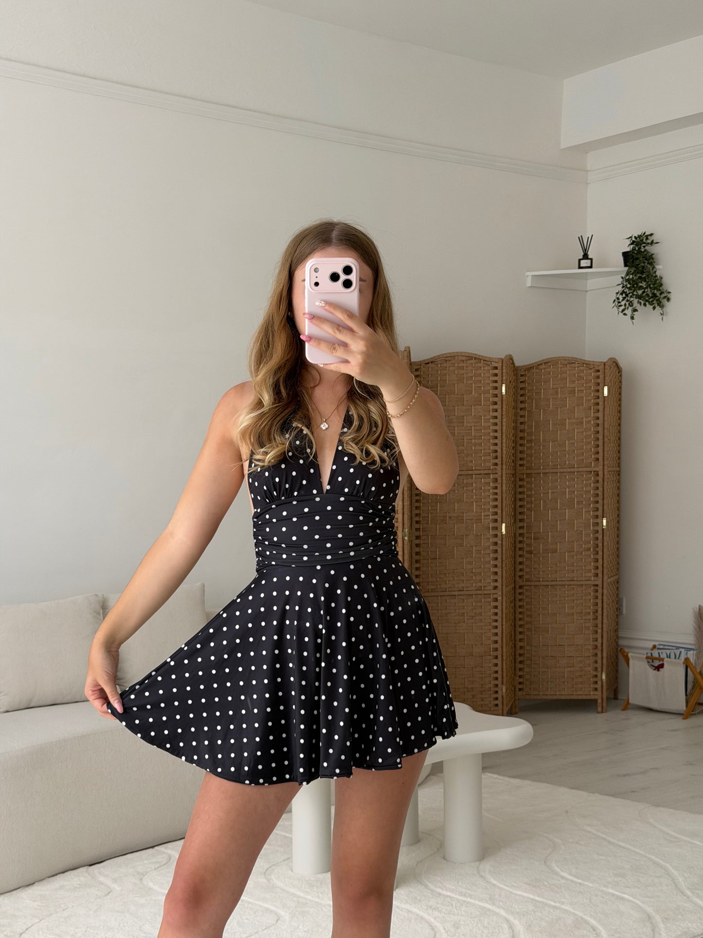 Polka dot halter neck mini dress