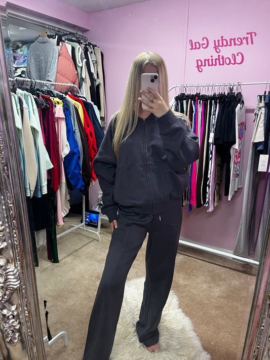 Fleeced inside zip up bomber jacket and wide leg trousers