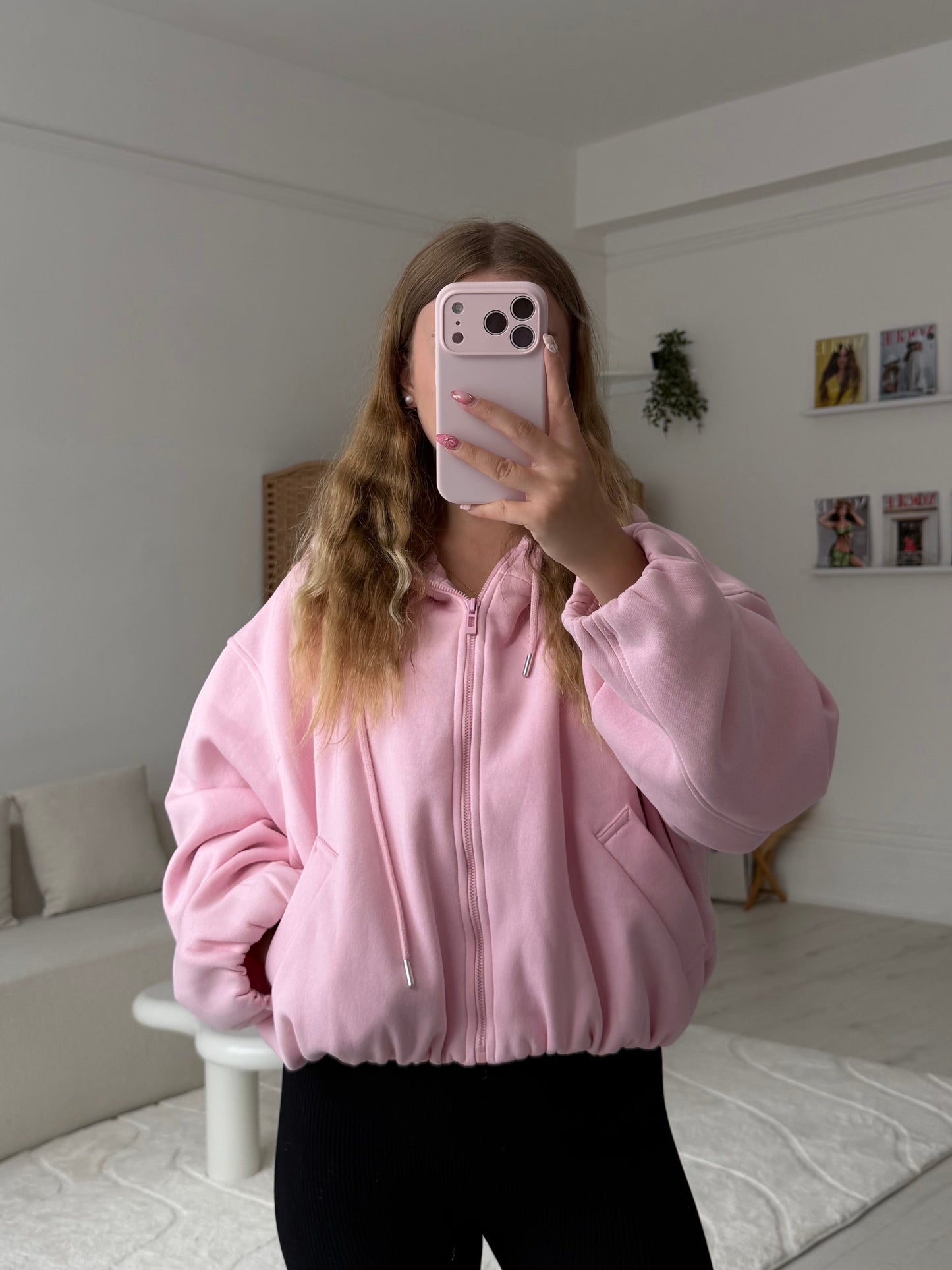 Bubble hem zip up cropped hoodies