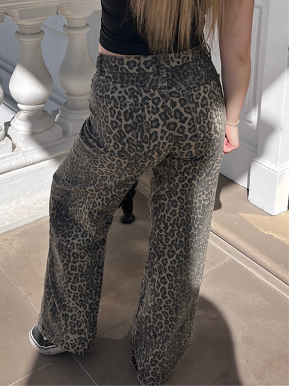 Leopard print mid rise dad fit jeans