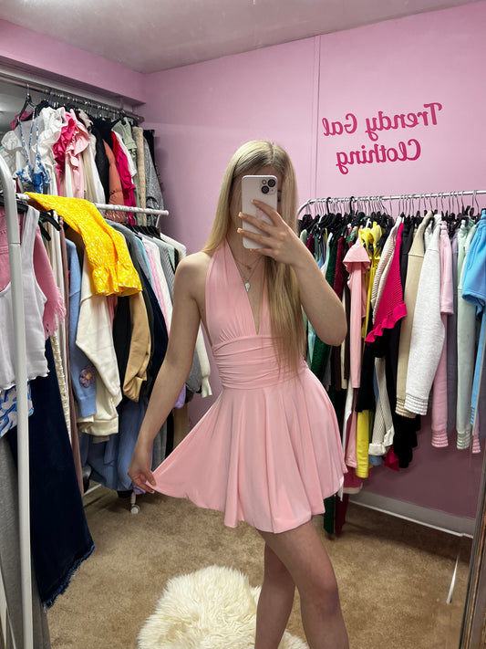 Halter neck slinky back tie dress