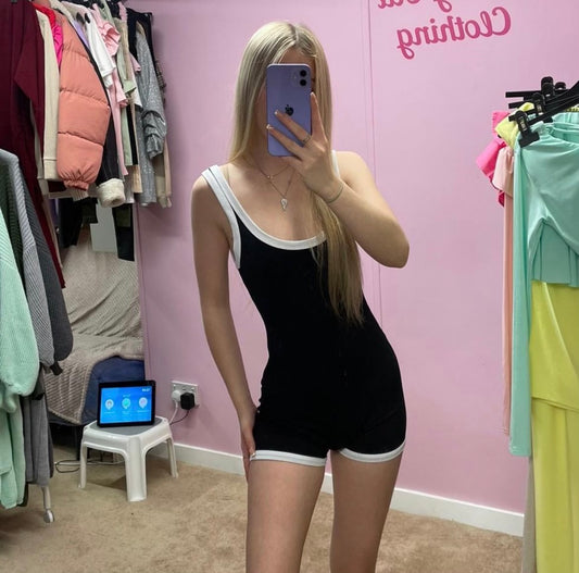 Black with white trim scoop neck unitard