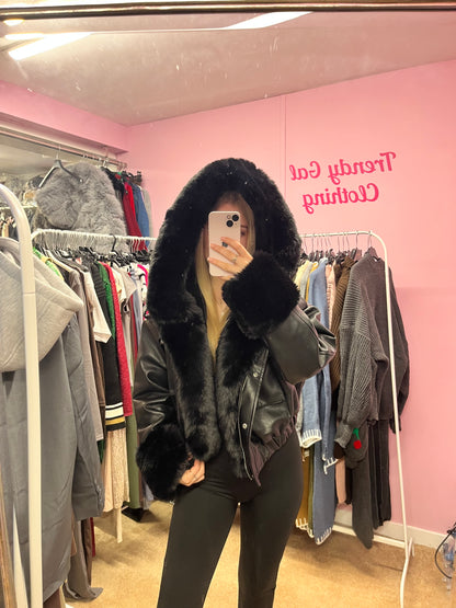 Faux leather hooded fur lined bomber jacket