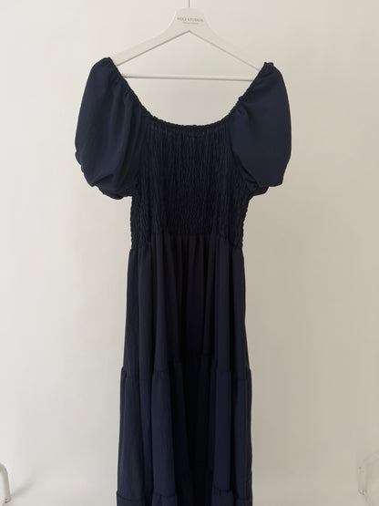 Off the shoulder shirred maxi dress