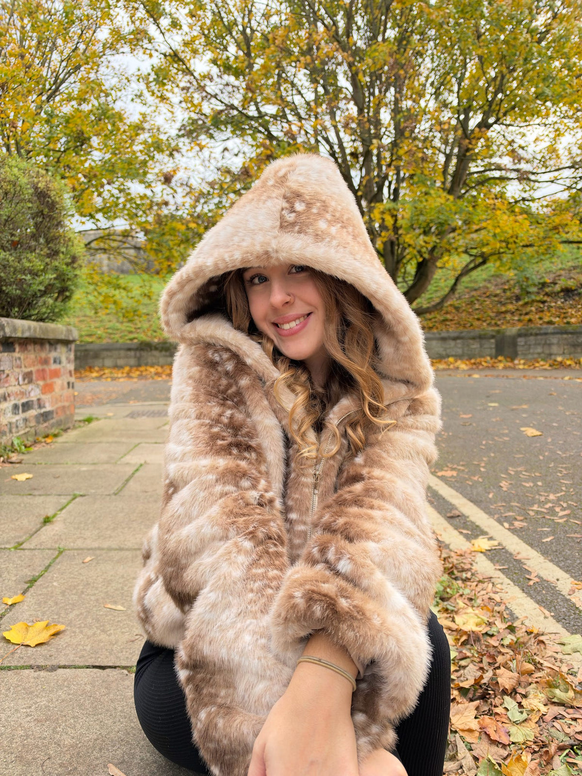 Bambi print faux fur hooded zip up jacket