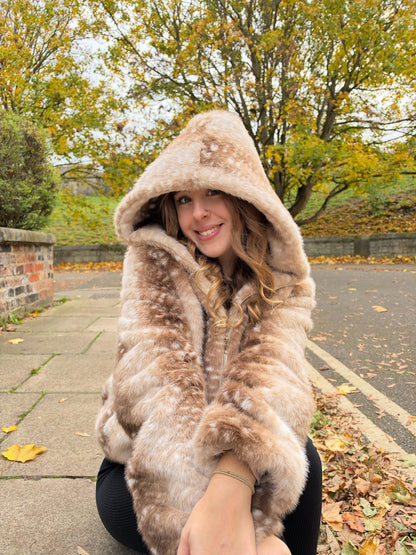 Bambi print faux fur hooded zip up jacket