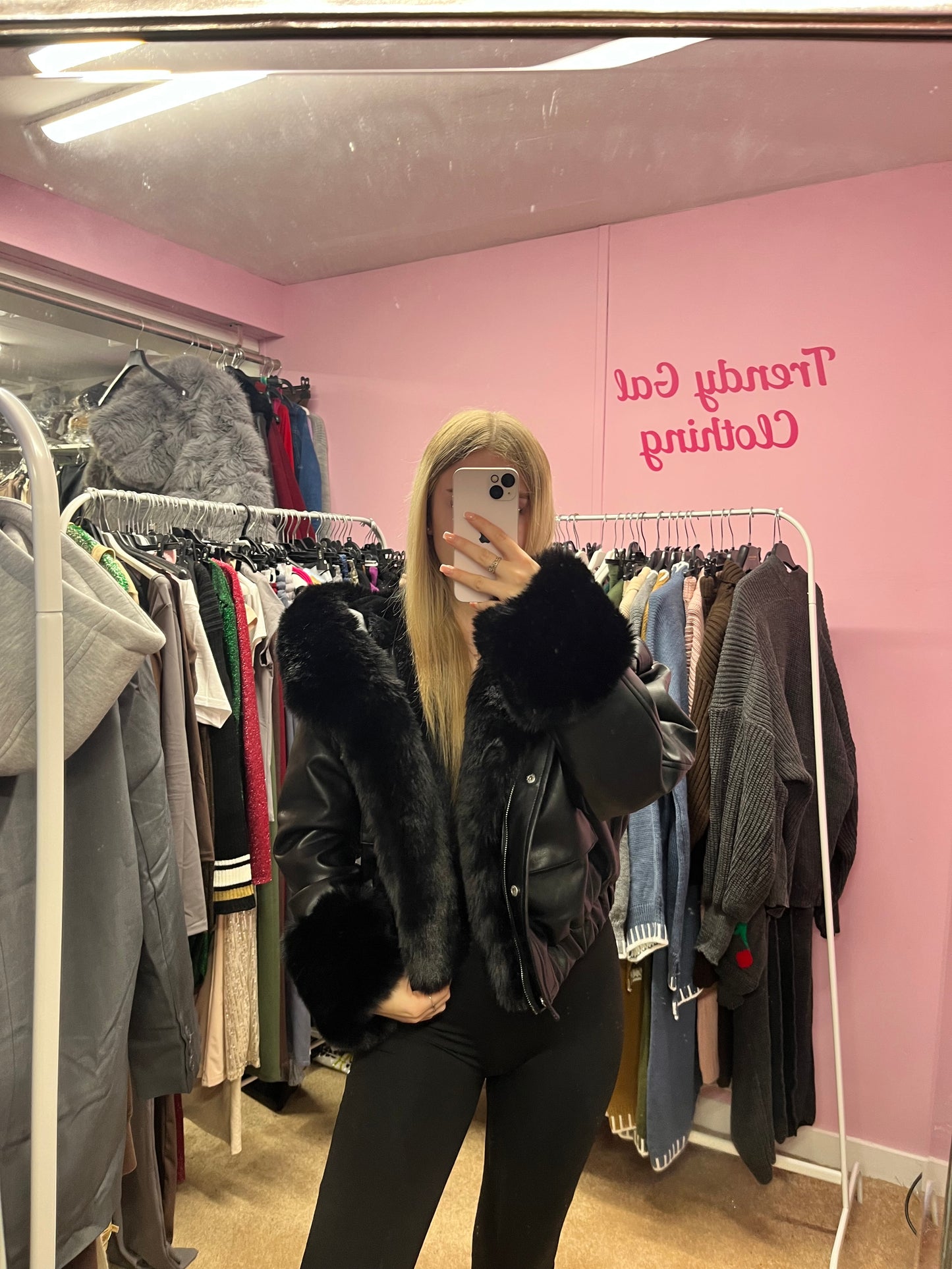 Faux leather hooded fur lined bomber jacket