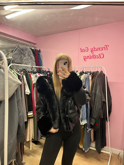 Faux leather hooded fur lined bomber jacket